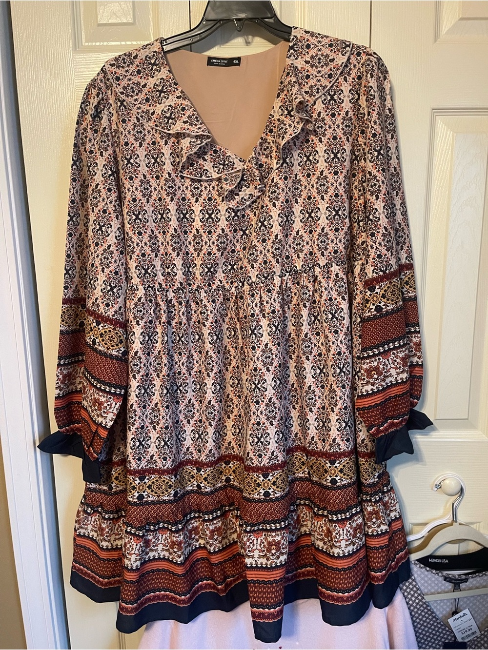 SHEIN Pink, Black & Brown Boho Ruffle V-Neck Tiered Long Sleeve Dress